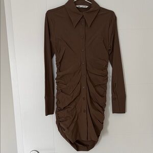 Zara Brown Long Sleeve Ruched Shirt Dress